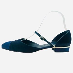 CHANEL Navy Satin Cap Toe Ankle Strap CC Flats 38.5EU